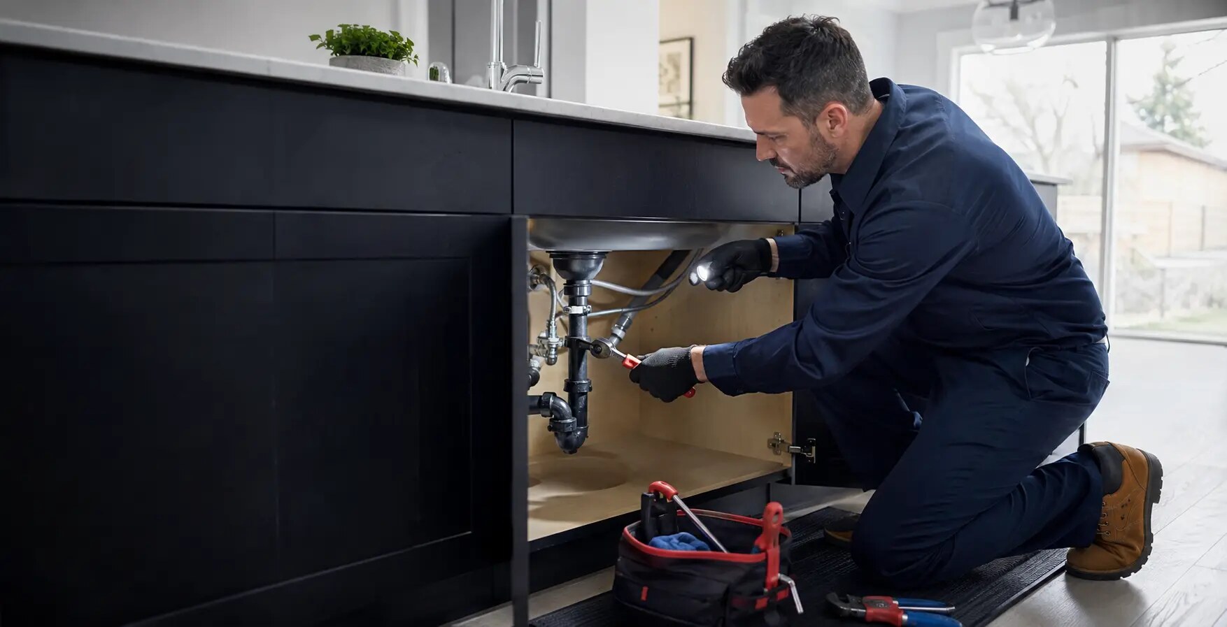 Representative plumbing professional diagnosing a kitchen drain